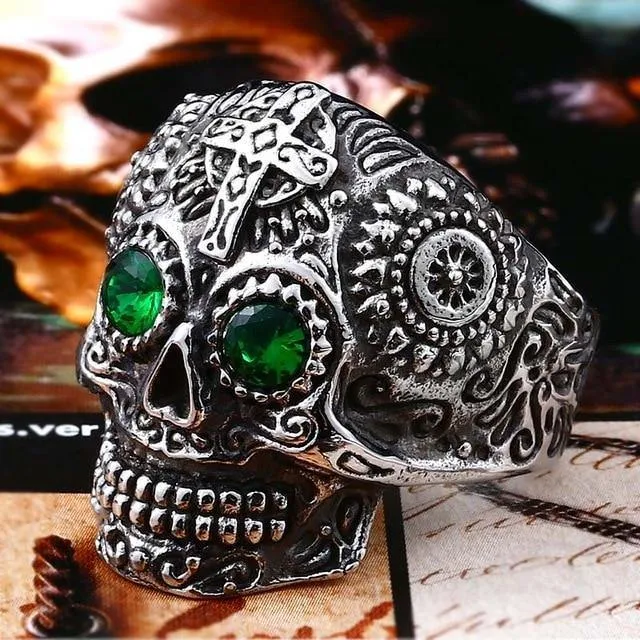 Colorful Gothic Gold Carving Kapala Skull Rings