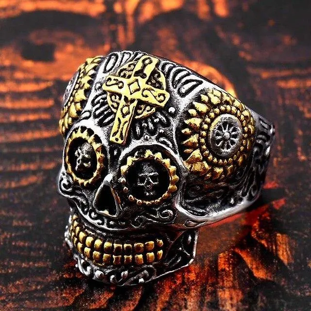 Colorful Gothic Gold Carving Kapala Skull Rings