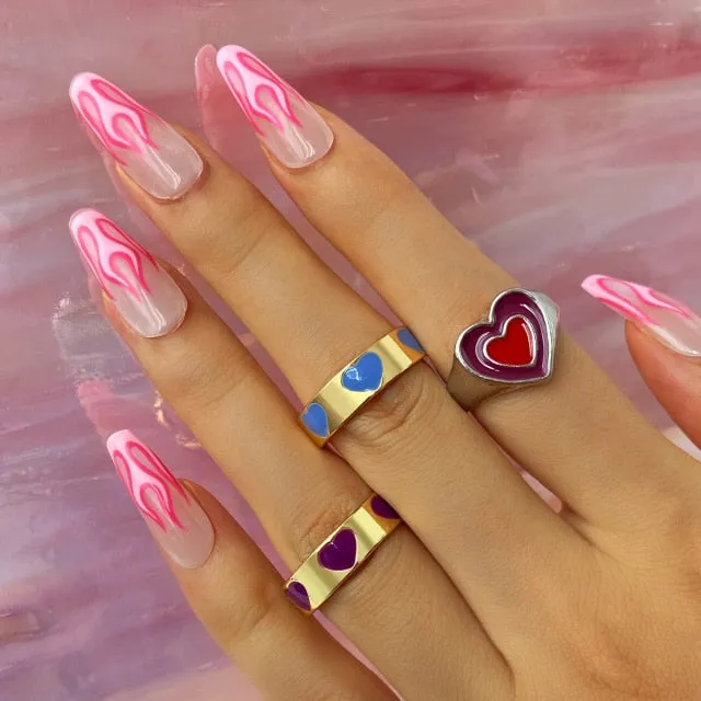 Colorful Heart Y2K Ring Set