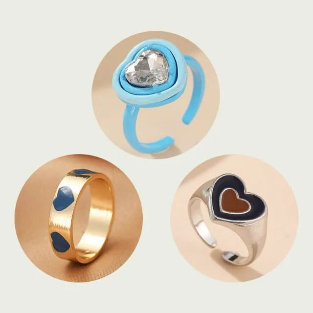 Colorful Heart Y2K Ring Set