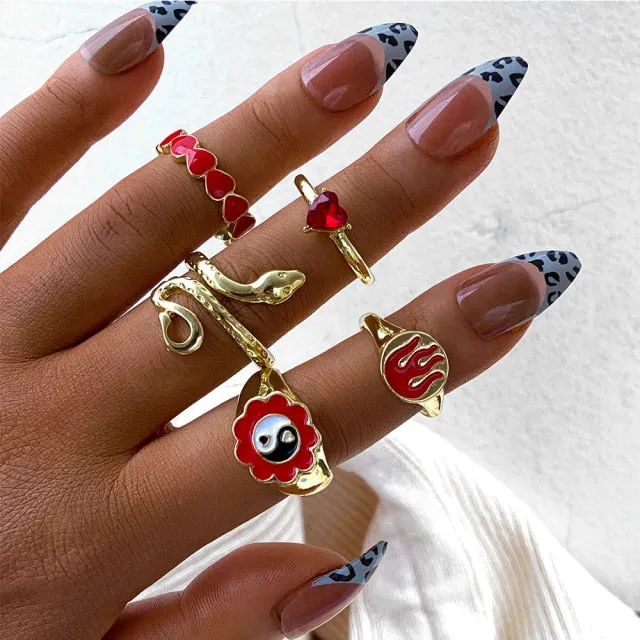 Colorful Heart Y2K Ring Set
