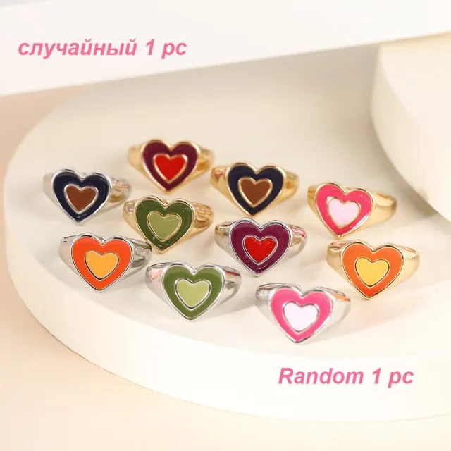 Colorful Heart Y2K Ring Set