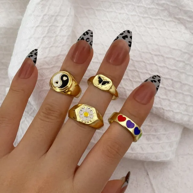 Colorful Heart Y2K Ring Set