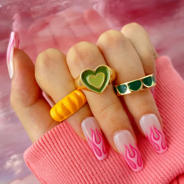 Colorful Heart Y2K Ring Set