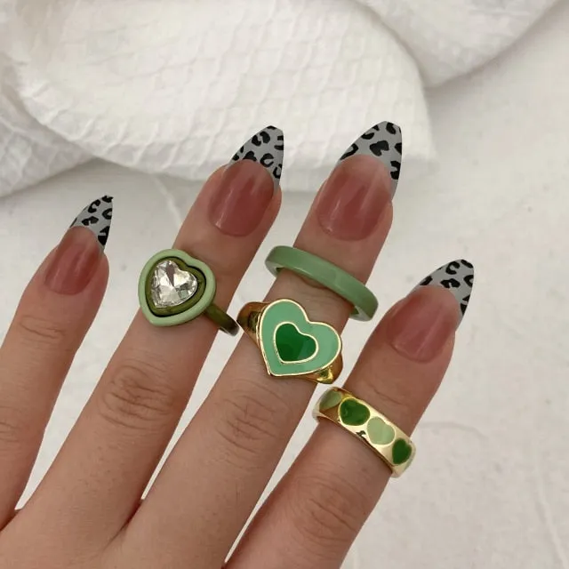 Colorful Heart Y2K Ring Set