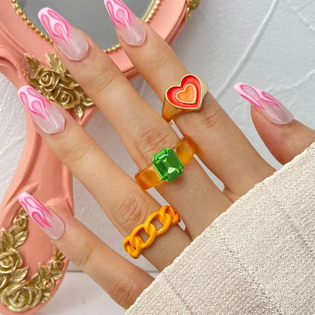 Colorful Heart Y2K Ring Set
