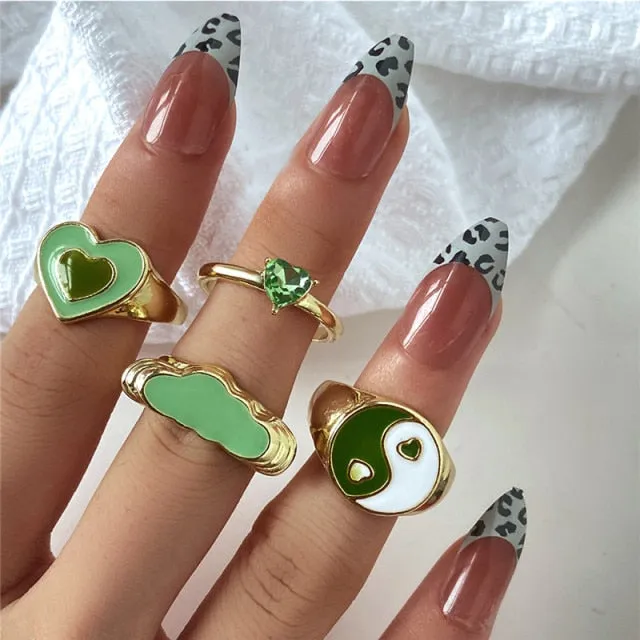 Colorful Heart Y2K Ring Set