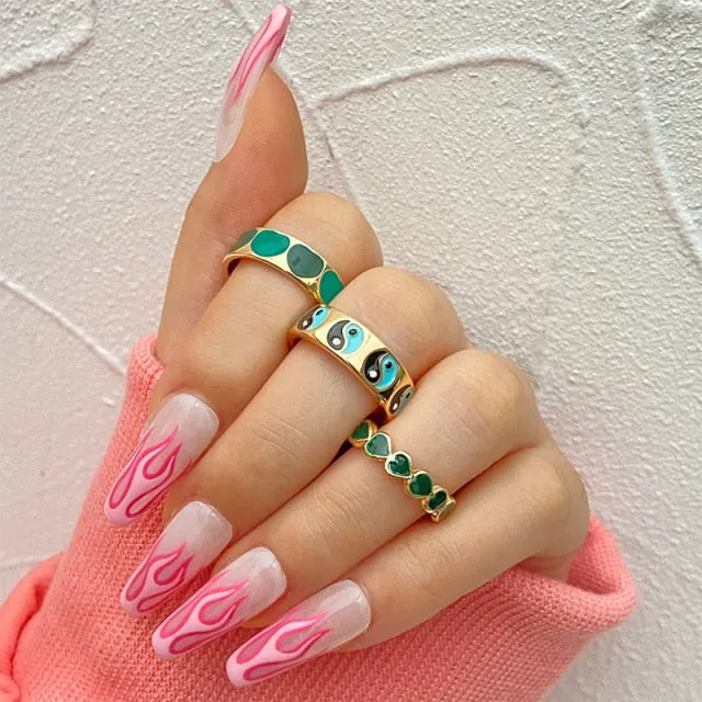 Colorful Heart Y2K Ring Set