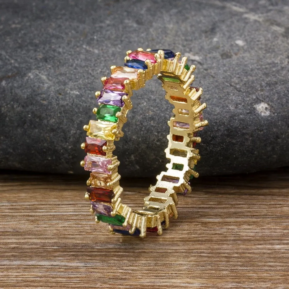 Colorful Rainbow CZ Gold Ring For Women