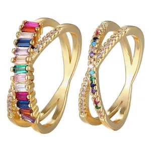 Colorful Rainbow CZ Gold Ring For Women