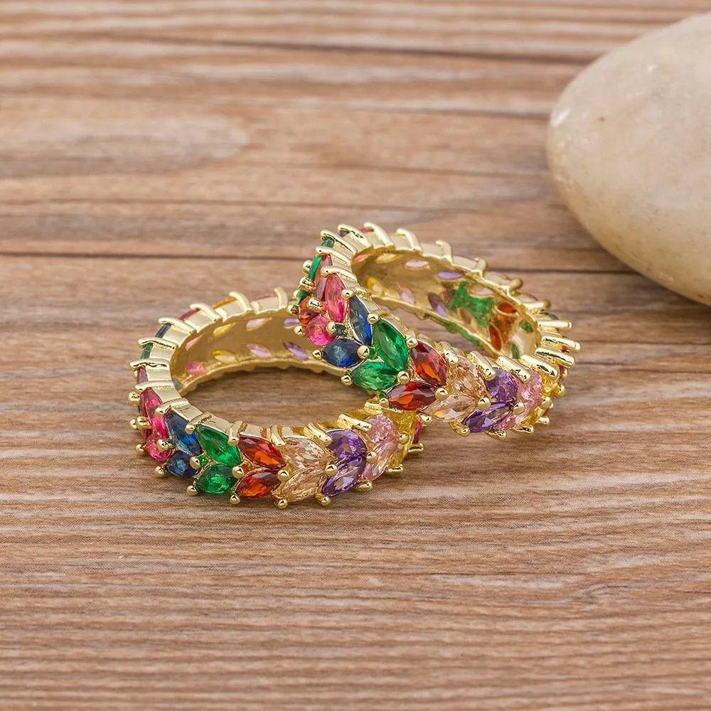 Colorful Rainbow CZ Gold Ring For Women