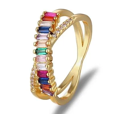 Colorful Rainbow CZ Gold Ring For Women