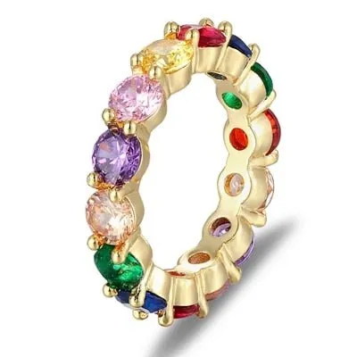 Colorful Rainbow CZ Gold Ring For Women