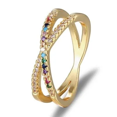 Colorful Rainbow CZ Gold Ring For Women