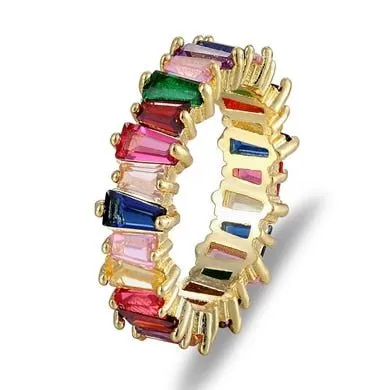 Colorful Rainbow CZ Gold Ring For Women