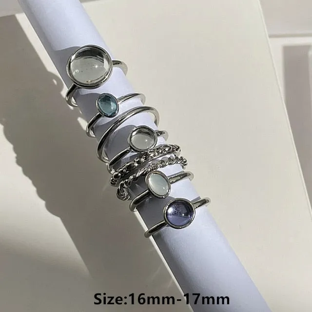 Colorful Stone Rings | 8 Pcs/Set Women Rings | Silver Ring Set | Stacking Ring Set | Adjustable Ring Set | Girl Party Ring | Korea Hit Rings