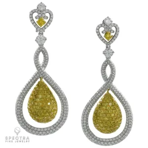 Contemporary Yellow White Diamond Pave Drop Earrings