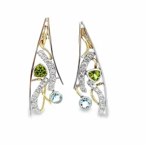 Custom 14k Two-Tone White and Yellow Gold Peridot, Aquamarine and Diamond Earrings by Paul Richter
