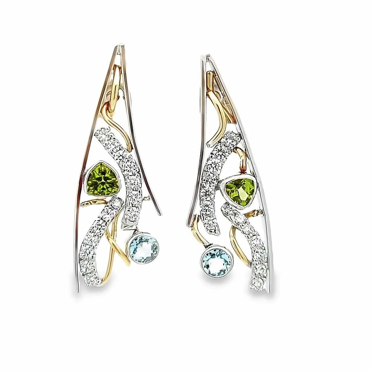 Custom 14k Two-Tone White and Yellow Gold Peridot, Aquamarine and Diamond Earrings by Paul Richter