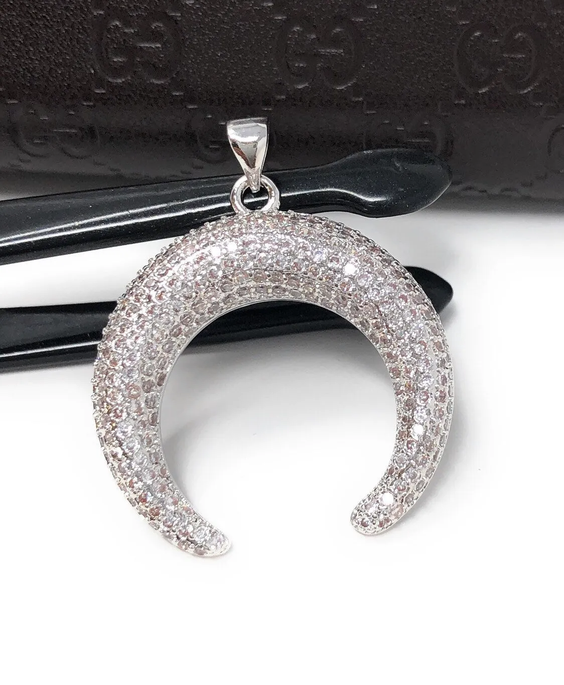 CZ Micro Pave Double Horn Pendant, Moon Crescent Pendants, Jewelry Supplies, Jewelry Findings, Micro Pave Pendants, DIY Jewelry, 1 Pc