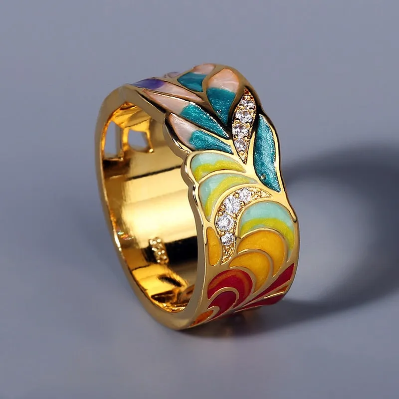 Enamel Ring | Colorful Ring | Colorful Leaf shape Zircon Ring | Gift for Her |  Ring | Feather Ring | Handmade Ring | Unisex Ring