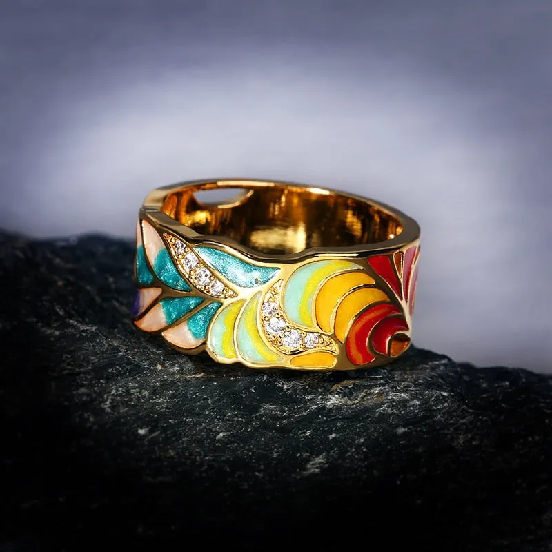 Enamel Ring | Colorful Ring | Colorful Leaf shape Zircon Ring | Gift for Her |  Ring | Feather Ring | Handmade Ring | Unisex Ring