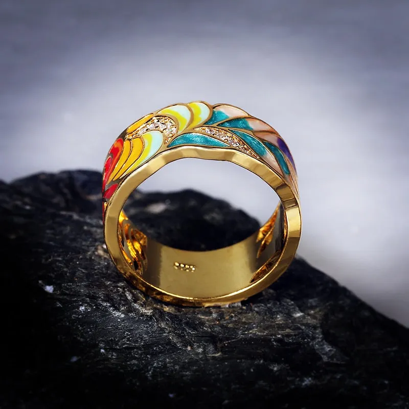 Enamel Ring | Colorful Ring | Colorful Leaf shape Zircon Ring | Gift for Her |  Ring | Feather Ring | Handmade Ring | Unisex Ring