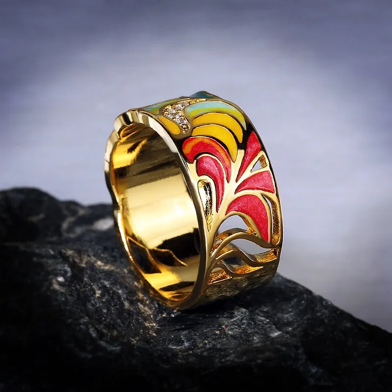 Enamel Ring | Colorful Ring | Colorful Leaf shape Zircon Ring | Gift for Her |  Ring | Feather Ring | Handmade Ring | Unisex Ring