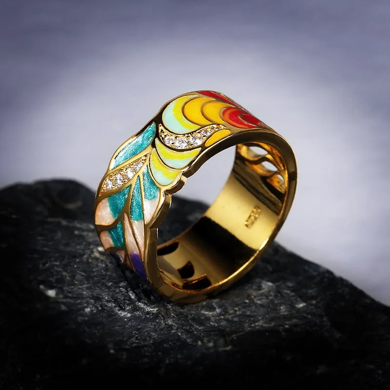 Enamel Ring | Colorful Ring | Colorful Leaf shape Zircon Ring | Gift for Her |  Ring | Feather Ring | Handmade Ring | Unisex Ring