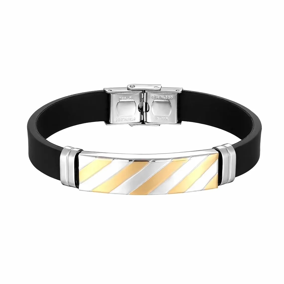 Geometric Stripe Stainless Steel and Silicone Cuff Bracelet