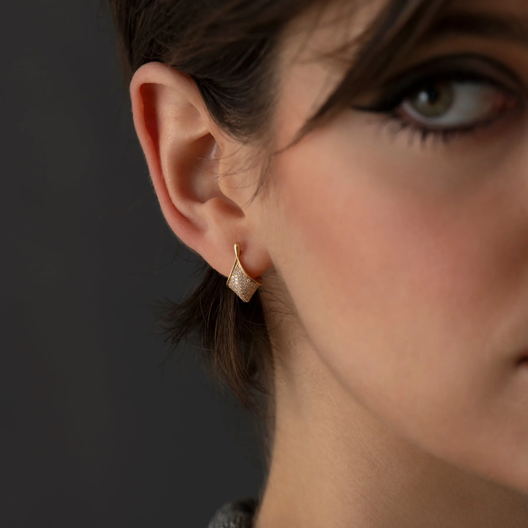 Gold and Diamond Pave Modern Huggie Earrings