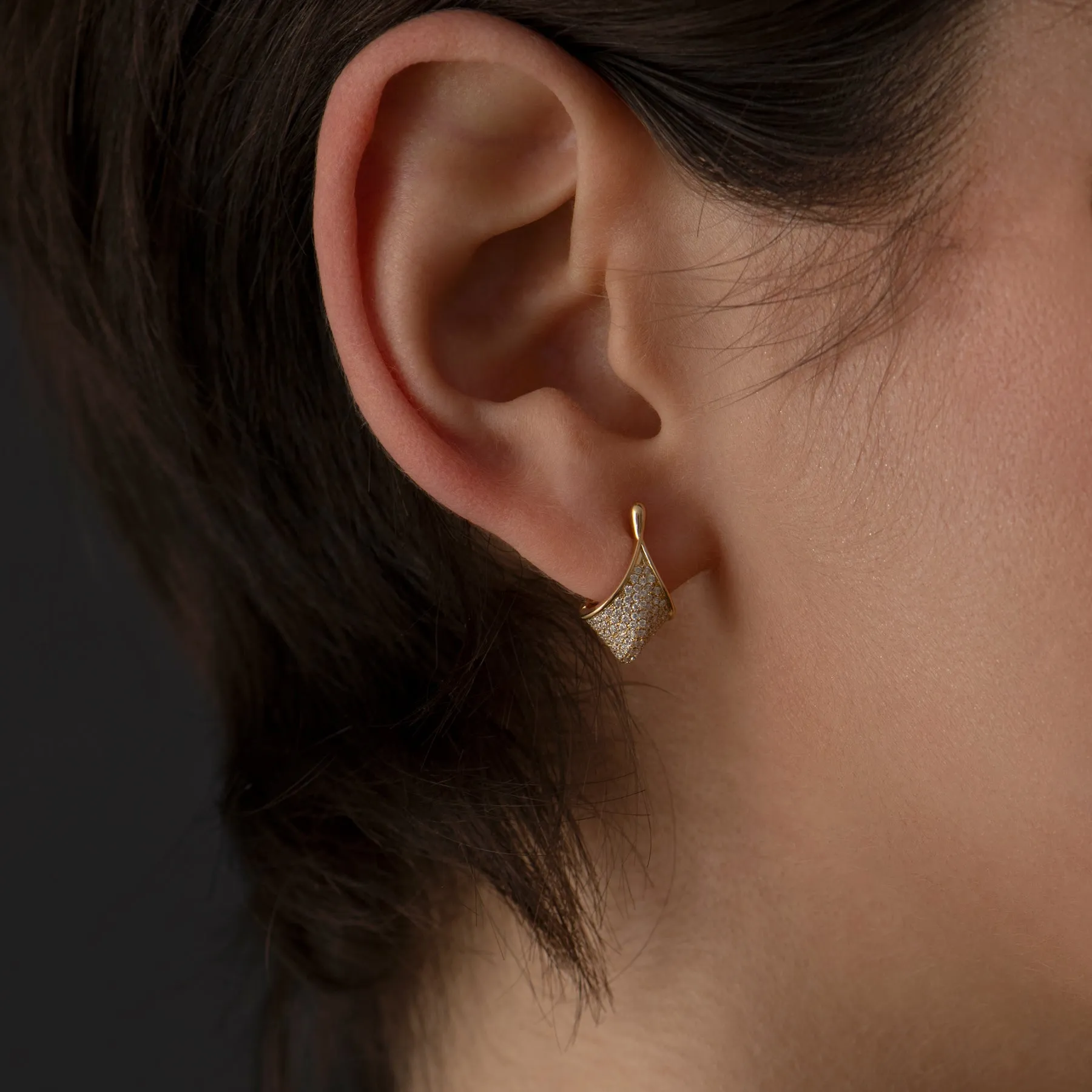 Gold and Diamond Pave Modern Huggie Earrings