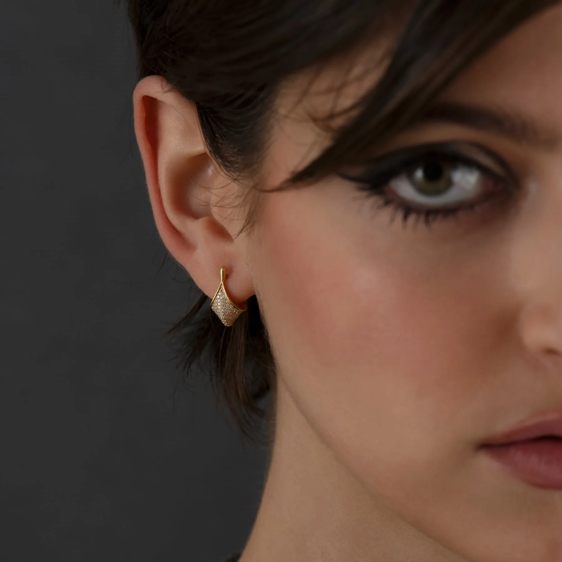 Gold and Diamond Pave Modern Huggie Earrings