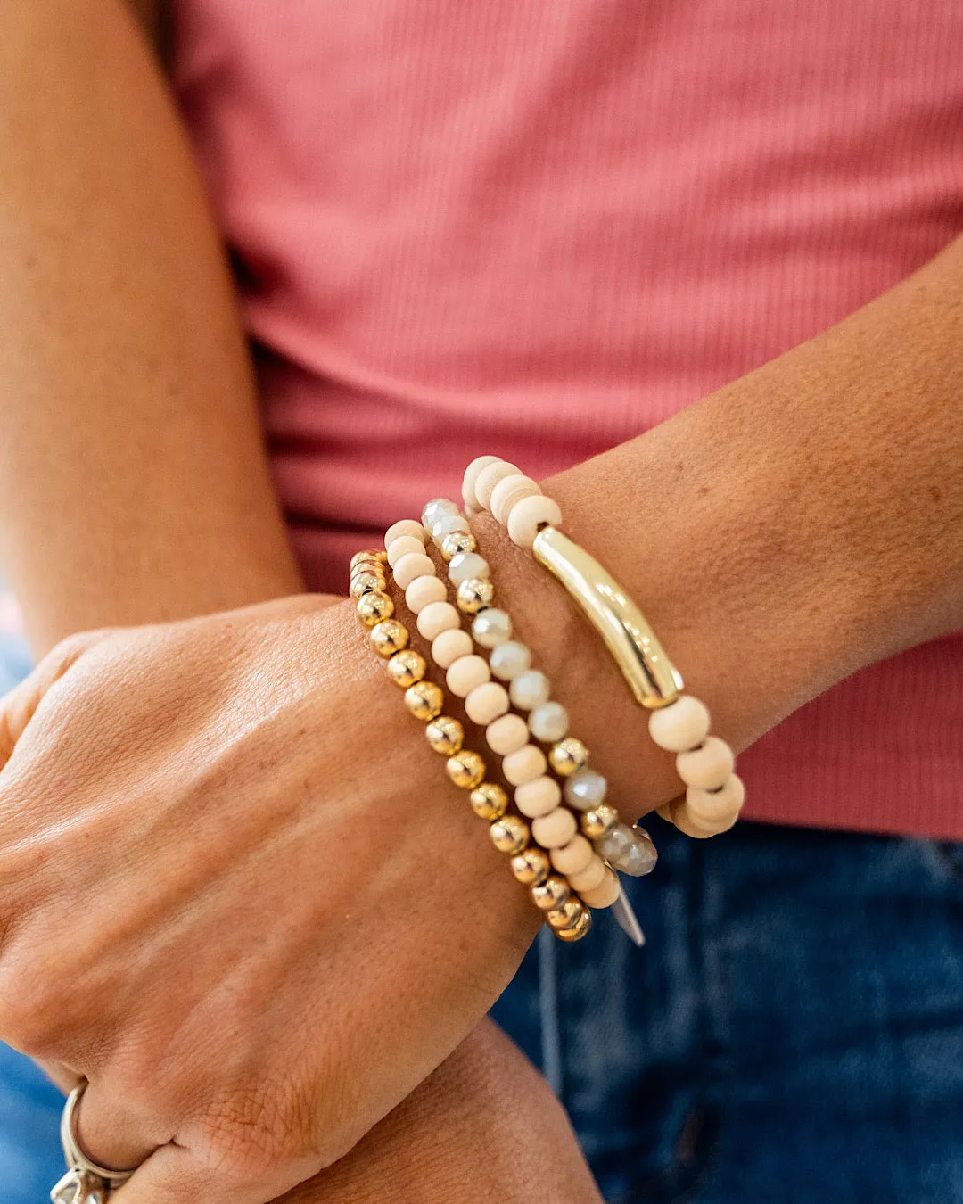 Gold and Natural Wooden Beaded Bracelet Set