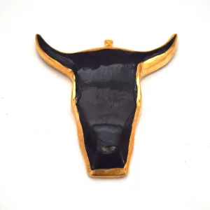 Gold Electrolated Black Brown Wooden Bull/Steer Skull Shaped Focal Pendants - Measuring 66mm x 63mm