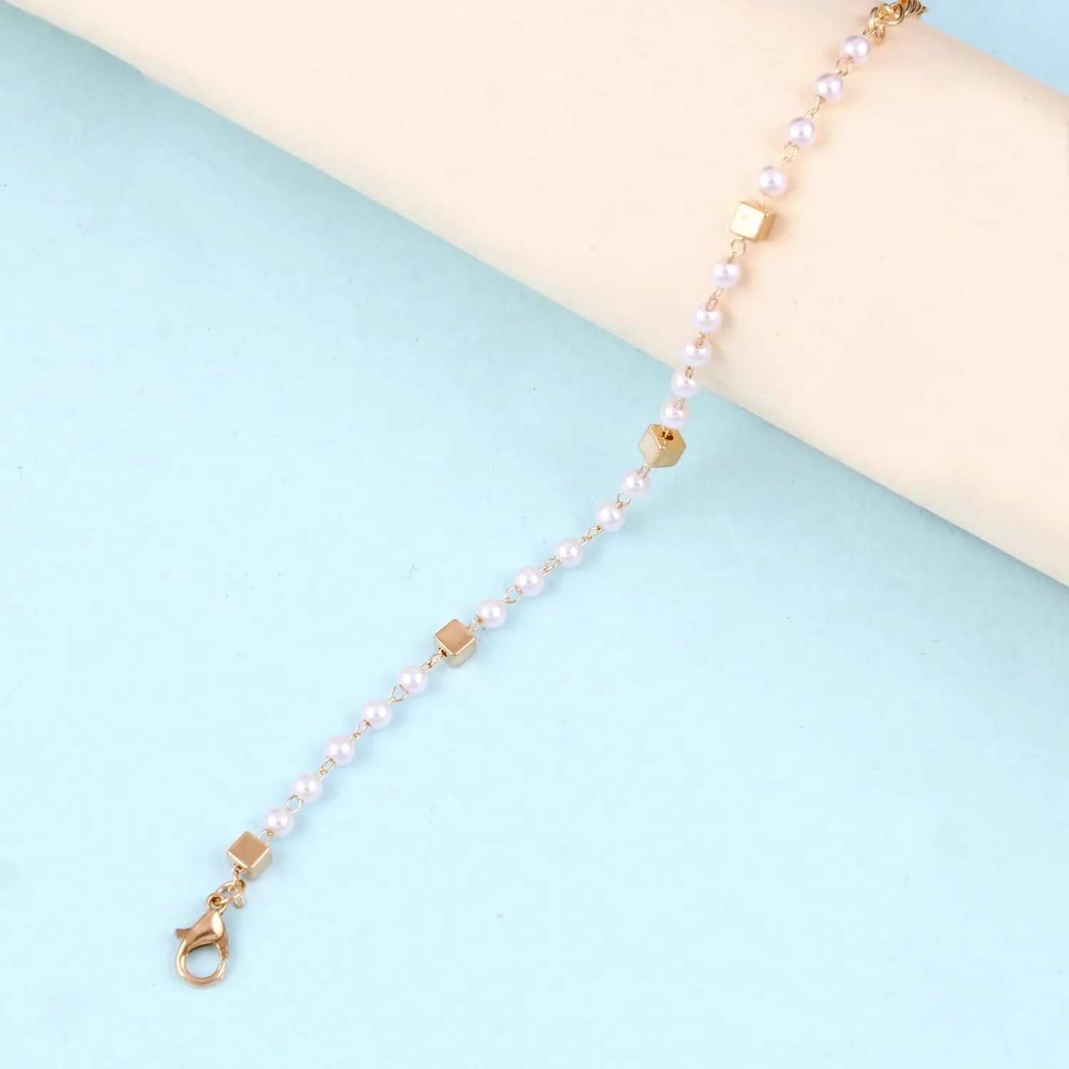 Gold Plated Tiny Cube Pearl Chain Bracelet