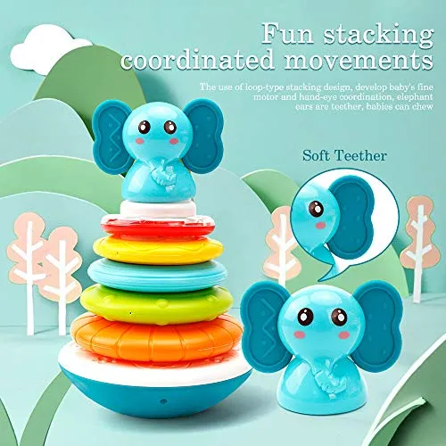 HE21002 Baby Stacking Rings Musical Toys - Building Rings Stacker & Teethers Early Educational Learning Stacking Toys with Sounds & Songs Tumbler Toys Baby Interactive Toy for Babies Toddlers Ages 6 Months 