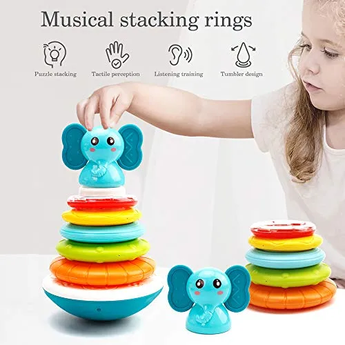 HE21002 Baby Stacking Rings Musical Toys - Building Rings Stacker & Teethers Early Educational Learning Stacking Toys with Sounds & Songs Tumbler Toys Baby Interactive Toy for Babies Toddlers Ages 6 Months 