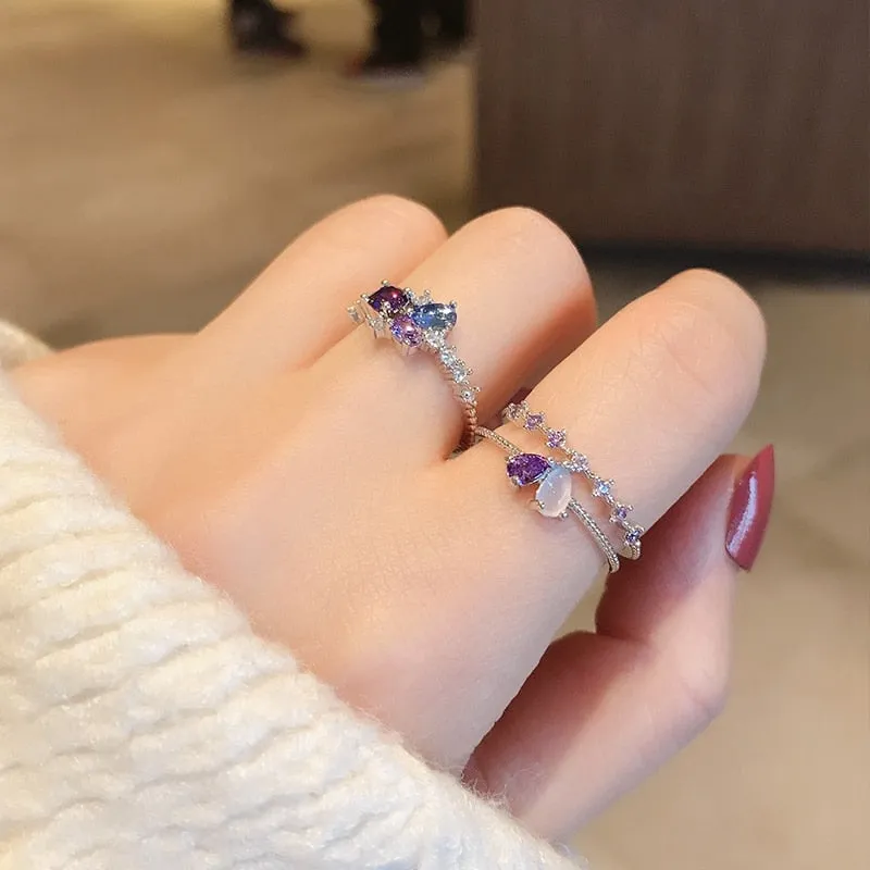 Korean Fashion  Colorful Heart  Flower Cubic Zircon Adjustable Rings