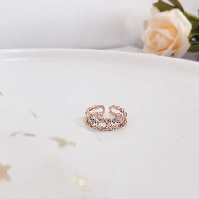 Korean Fashion  Colorful Heart  Flower Cubic Zircon Adjustable Rings