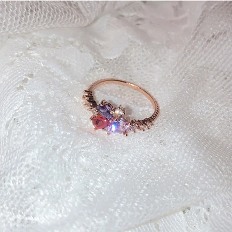 Korean Fashion  Colorful Heart  Flower Cubic Zircon Adjustable Rings