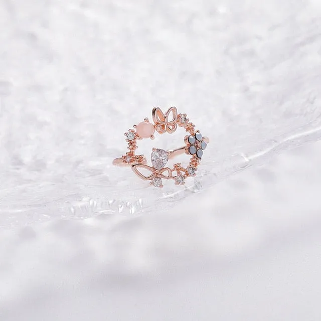 Korean Fashion  Colorful Heart  Flower Cubic Zircon Adjustable Rings