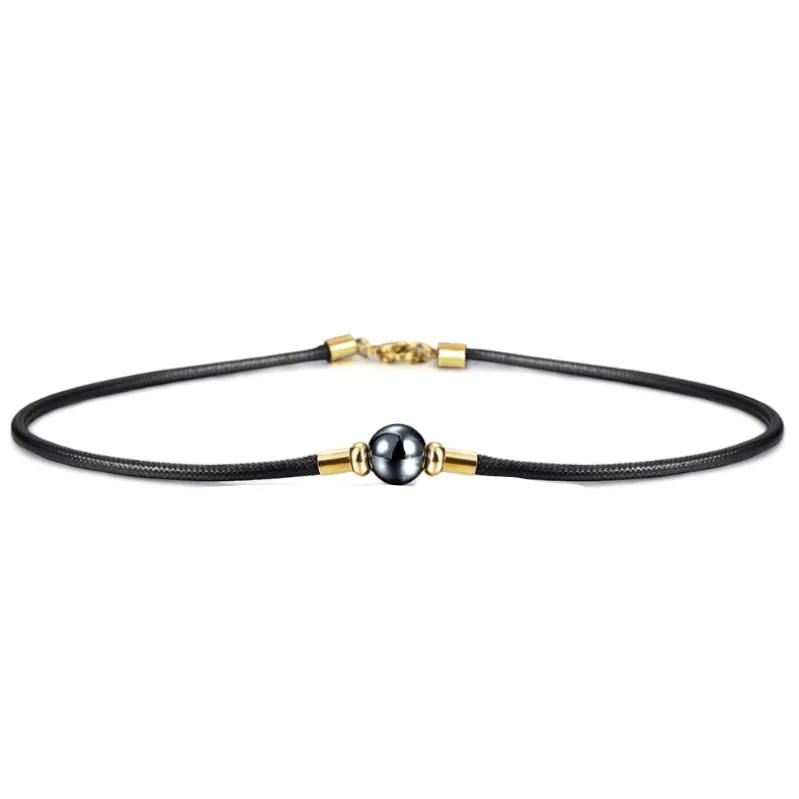 Mens Hematite Stone Leather Choker Necklace