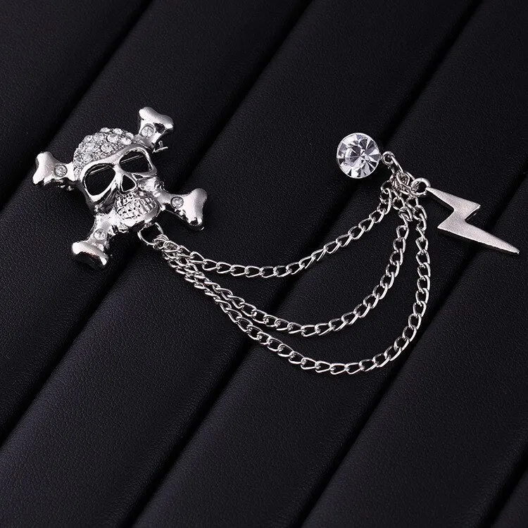 Metal Punk Skull Lightning Tassel Chain Pins and Brooches for Men
