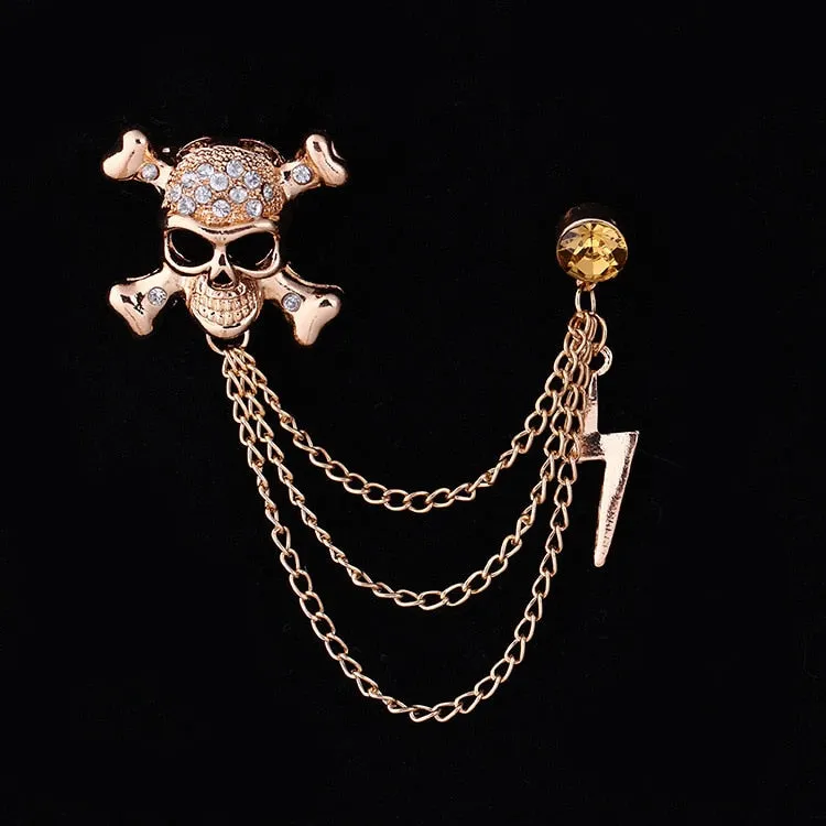Metal Punk Skull Lightning Tassel Chain Pins and Brooches for Men