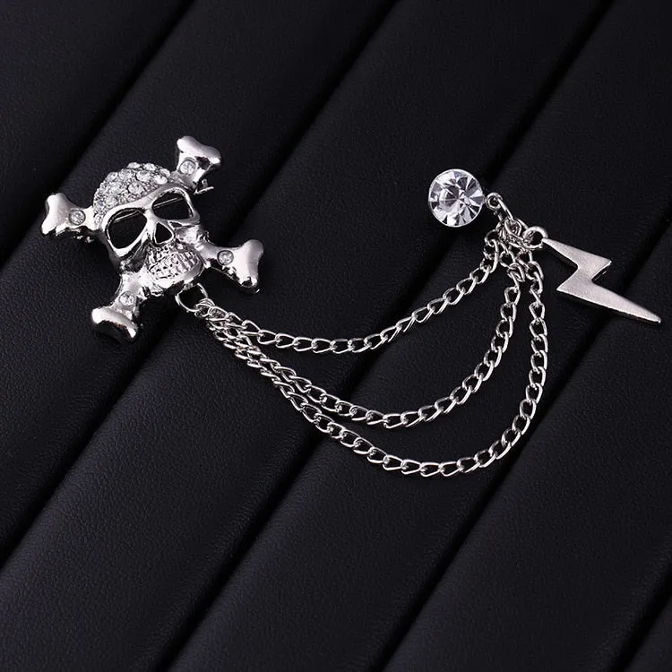 Metal Punk Skull Lightning Tassel Chain Pins and Brooches for Men