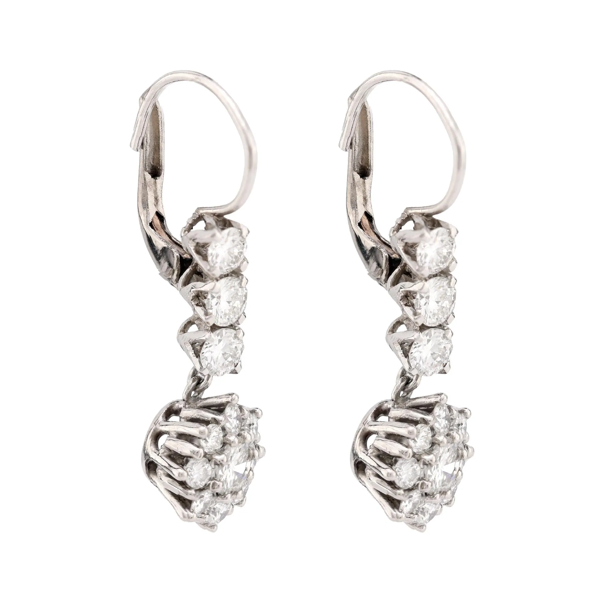 Mid Century 2 carat total weight diamond platinum flower drop earrings