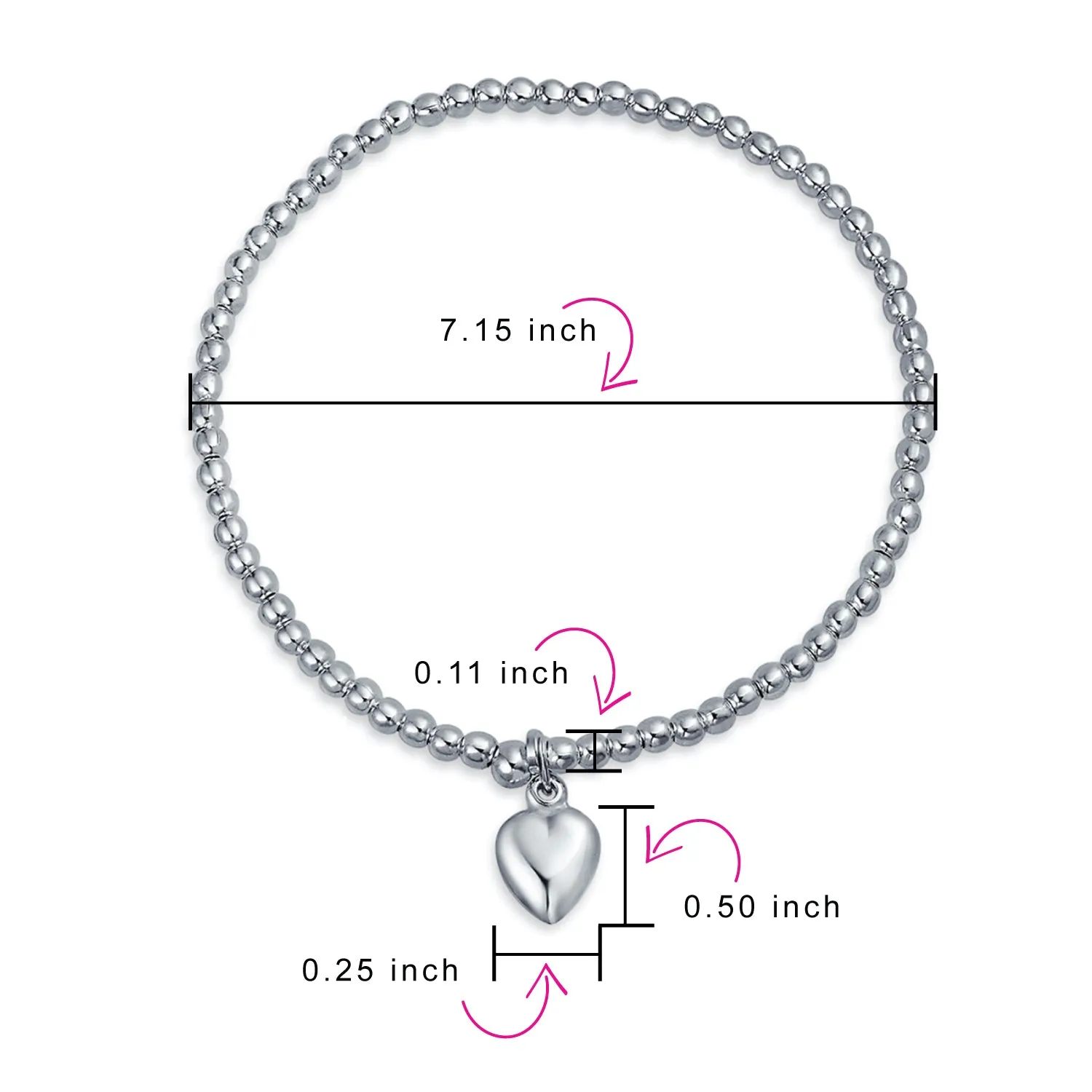 Monogram Alphabet Initial Heart Charm Stretch Bracelet Sterling Silver Beaded