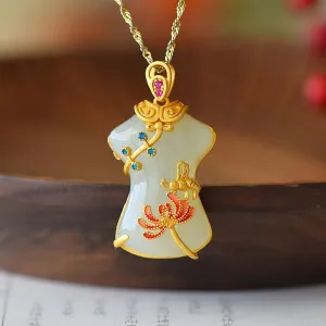Natural Hetian Jade Cheongsam Flower Enamel Porcelain Ladies Necklace Pendant