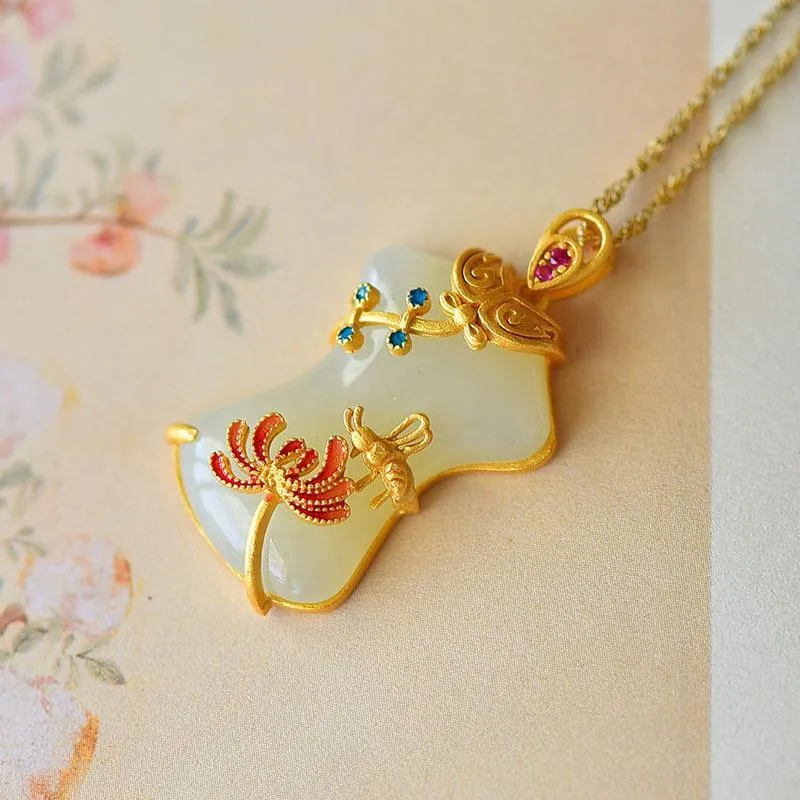 Natural Hetian Jade Cheongsam Flower Enamel Porcelain Ladies Necklace Pendant